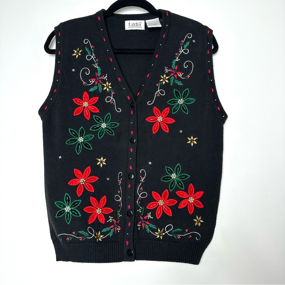 Vintage Ugly Christmas Vest Poinsettia Beaded Embroidered Holiday Kitschy Granny